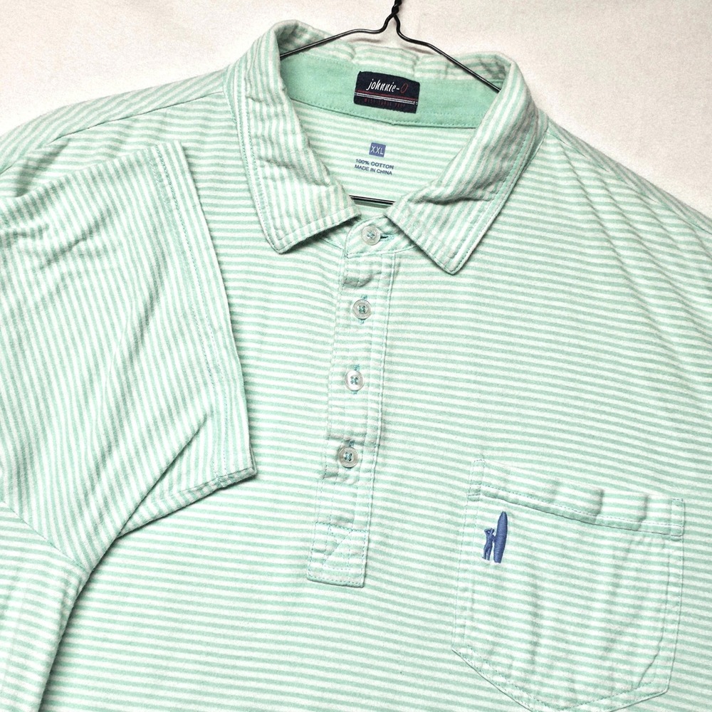 johnnie-O Polo Shirt Men XXL Mint Green Striped Short Sleeve Cotton Pocket